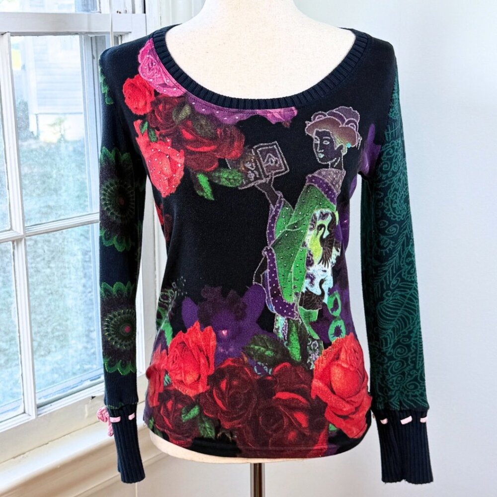 Desigual Black Scoop Neck Sweater with Red Roses & Green Sleeve Accents